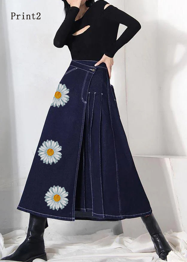 Boho denim blue-print3 zippered asymmetrical design Summer Skirt