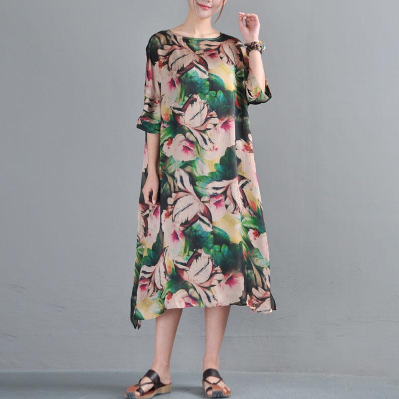 Loose Round Neck Half Sleeve Printed Dress Two Pieces - Omychic
