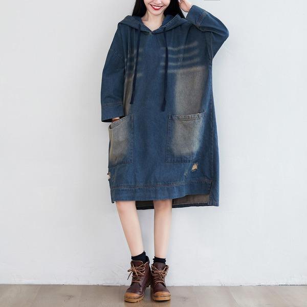 Denim Hooded Dress Ladies Bleached Ripped Irregular Length Denim Dresses Female 2020 Scratched Dress - Omychic