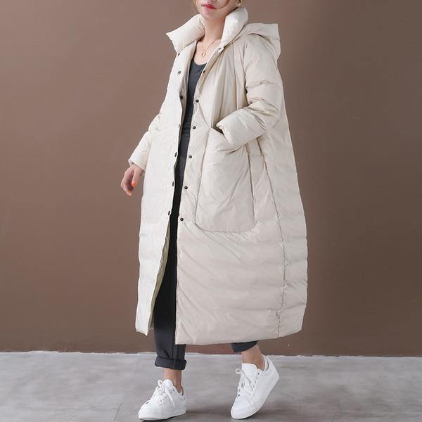 Women Beige Warm Winter Down Coats Hooded Pockets Wide-waisted Female Long Down Coats - Omychic
