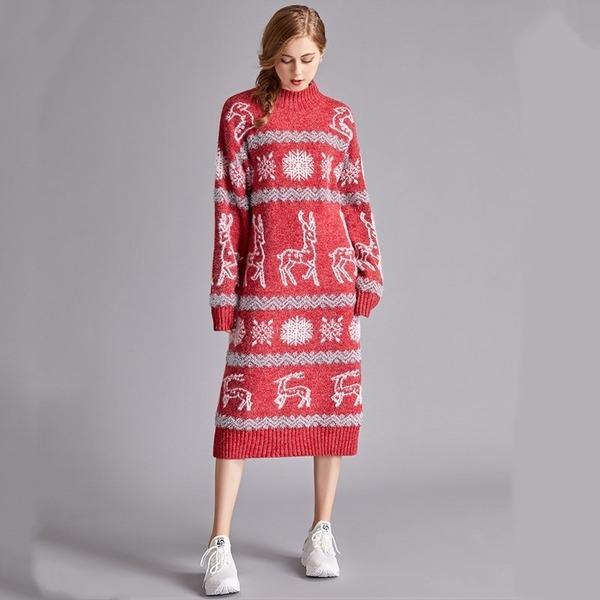 long sleeve plus size wool knitted Christmas women casual midi autumn winter Sweater dress - Omychic