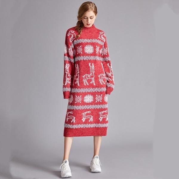 long sleeve plus size wool knitted Christmas women casual midi autumn winter Sweater dress - Omychic