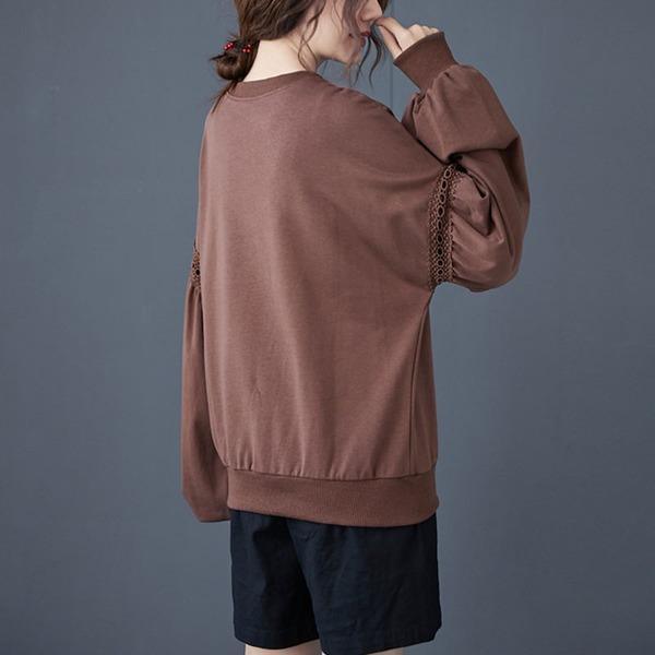2020 Autumn Korean Simple Style Vintage Lace Patchwork Loose Female Cotton Pullovers - Omychic