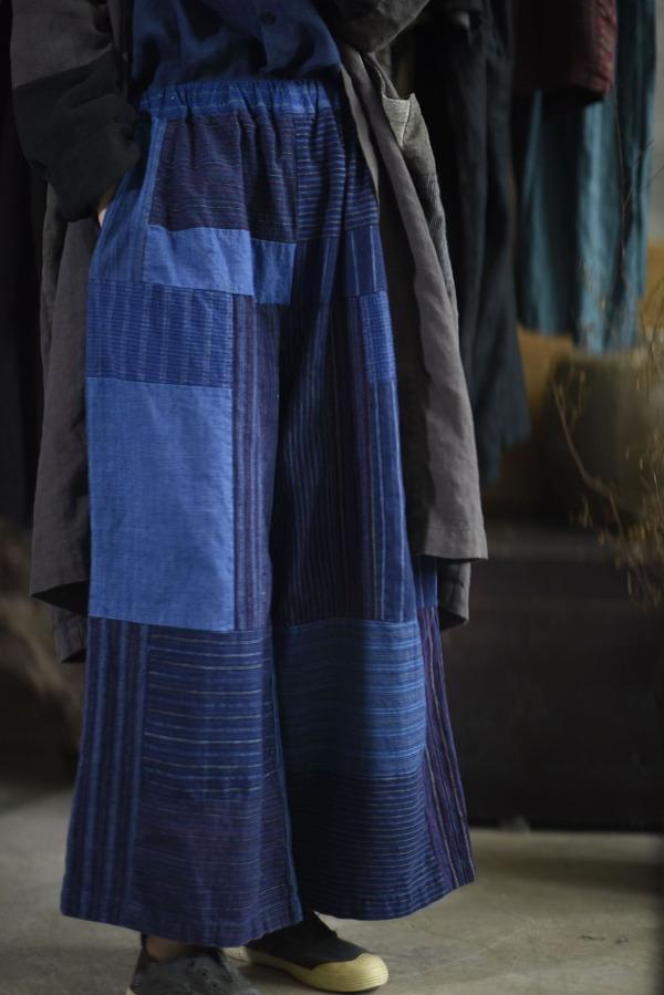 Patchwork Linen Elastic Waist Pants Female Loose Wide Leg Trousers - Omychic