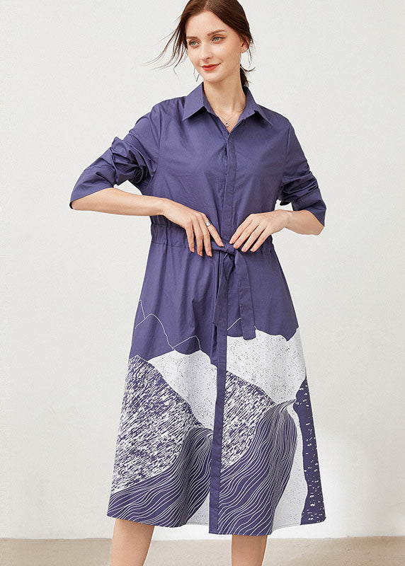 Plus Size Blue Cinched Print Cotton Shirts Dress