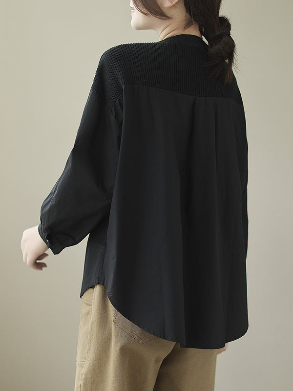 Vintage Long Sleeves Loose Split-Joint Round-Neck Blouses
