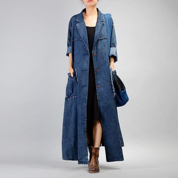 Women Trench Coat 2020 Fall Winter New Pockets Long Sleeve Blue Plus Size Trench - Omychic