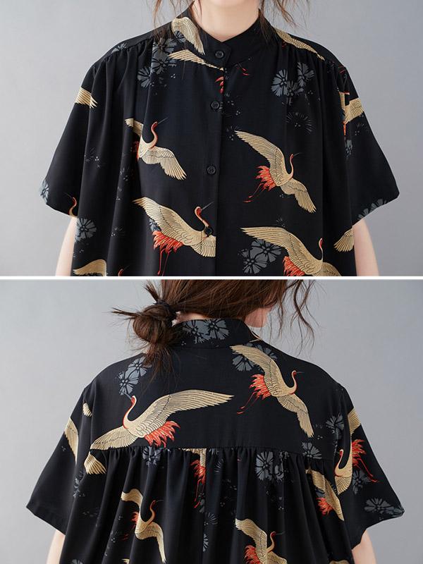 Women Summer Printed Stand Collar Shirt Dress