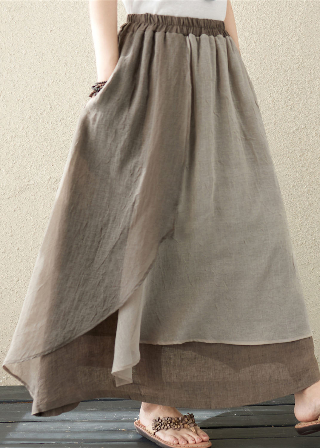 Vintage Khaki Pockets Asymmetrical Design Patchwork Linen Skirt