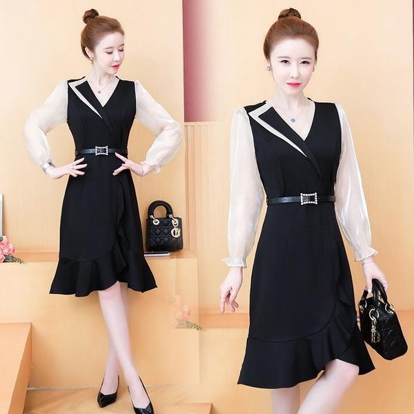 long sleeve black plus size ruffle women casual midi autumn dress - Omychic