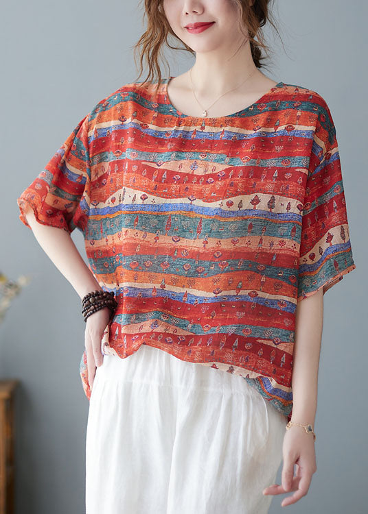 Art Red O Neck Print Patchwork Linen T Shirt Tops Short Sleeve