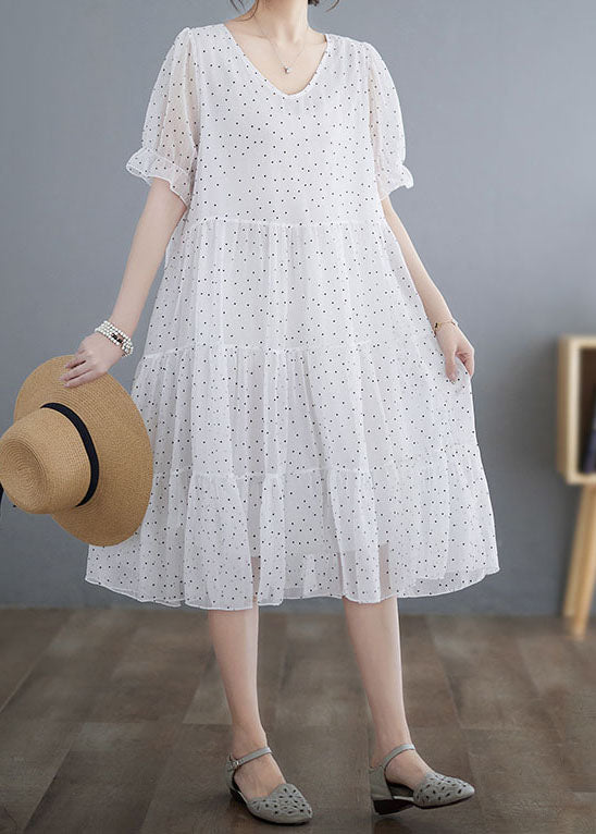 Fine White V Neck Wrinkled Dot Patchwork Chiffon Dress