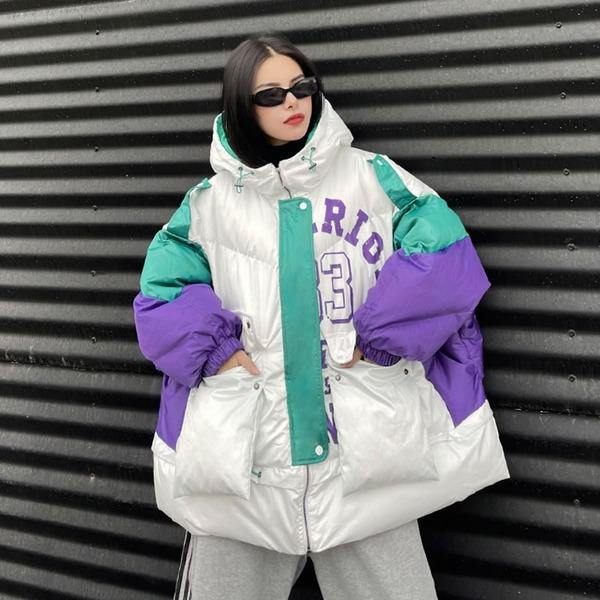 Contrast Splicing Parka Winter New Many Color Women Short Parka Fashion Drawstring Loose Casual Hooded Collar - Omychic