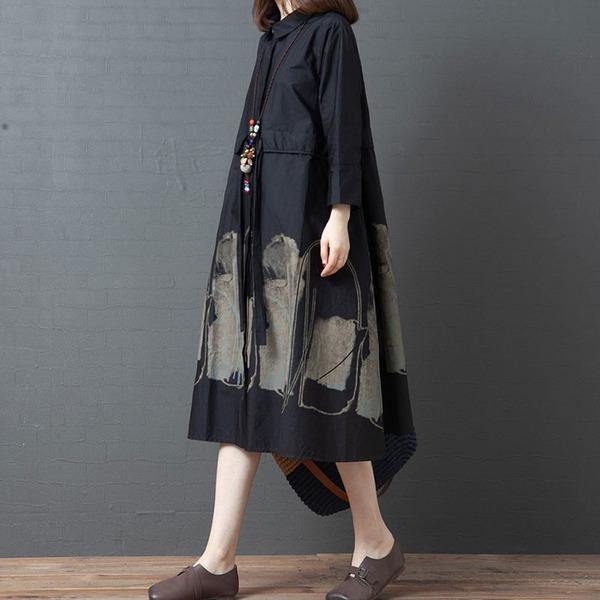 New Arrival 2021 Autumn Arts Style Vintage Print Turn-down Collar Loose Female Cotton Shirt Dress - Omychic