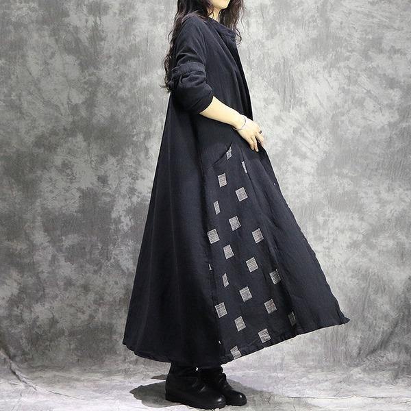 Women Cotton Linen Trench Vintage Autumn Coats Patchwork  Clothing Black Trench Coats - Omychic
