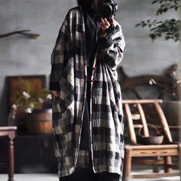 Women Cotton Linen Trench Vintage Coats Pockets Plaid Long Sleeve Casual Women Cloths V-neck Trench - Omychic