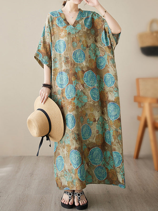 Floral Printed V-Neck Maxi Dress Short Sleeve