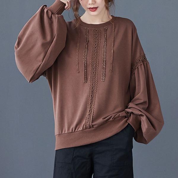 2020 Autumn Korean Simple Style Vintage Lace Patchwork Loose Female Cotton Pullovers - Omychic