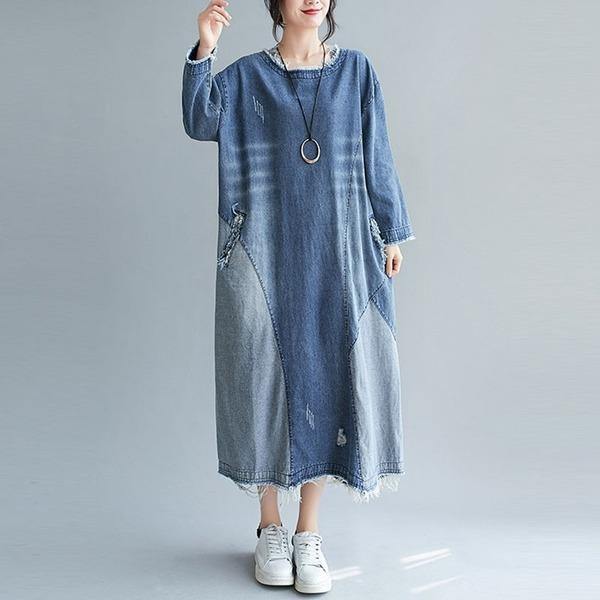 Oversized Women Casual Denim Long Dress Winter Vintage Style O-neck Loose Female Jean Dresses - Omychic