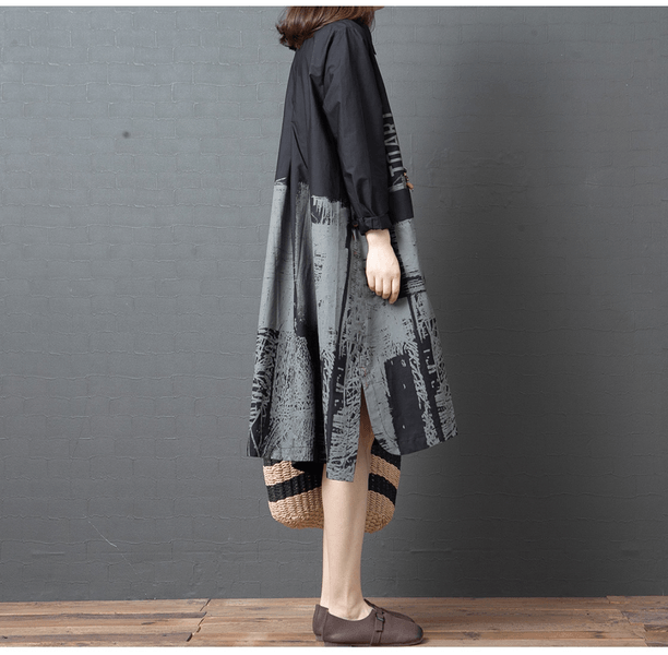 2020 Autumn Vintage Print Turn-down Collar Knee-length Female A-line Dresses - Omychic