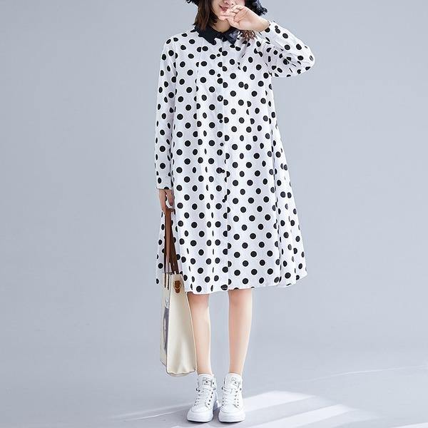 omychic plus size cotton vintage Polka Dot women casual loose midi autumn elegant shirt dress clothes 2020 ladies dresses - Omychic