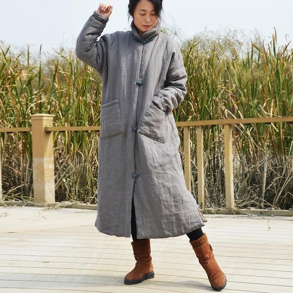 Women Winter Vintage Parkas Coats Cotton Linen Solid Color Button - Omychic