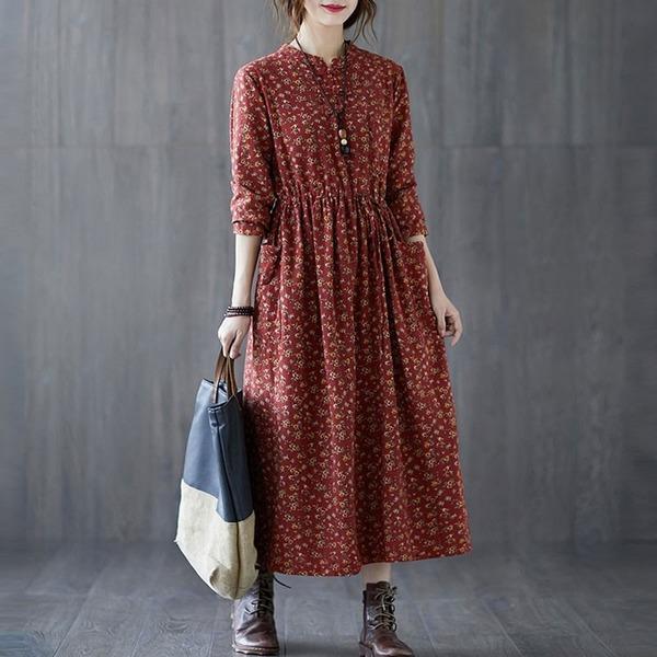 2020 Autumn Vintage Style Floral Print Loose Comfortable Female A-line Dresses - Omychic