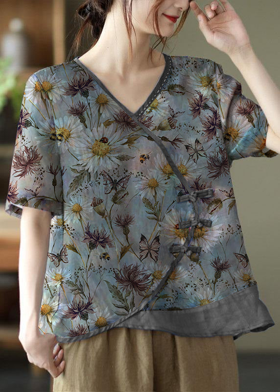 Simple grey Print Ramie Oriental Summer Tops