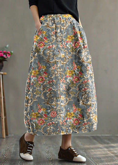 Women Grey-floral Elastic Waist Patchwork Print Fine Cotton Filled Skirt Winter