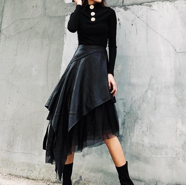 Urban Black Asymmetrical PU Leather Patchwork Tulle Skirt