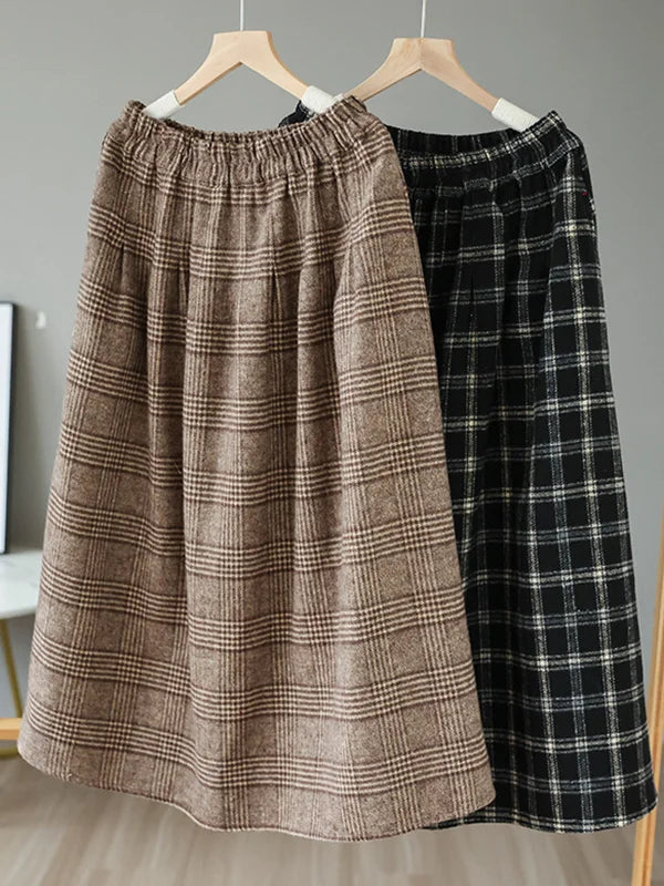 Vintage A-Line Loose Elastic Waist Checkered Skirts