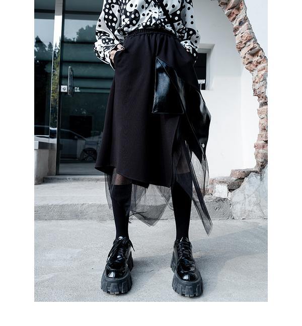 Mesh Black Skirt Fashion New Women Elastic Waist 2020 Winter Patchwork Pocket Minority Elegant Irregular Skirt - Omychic