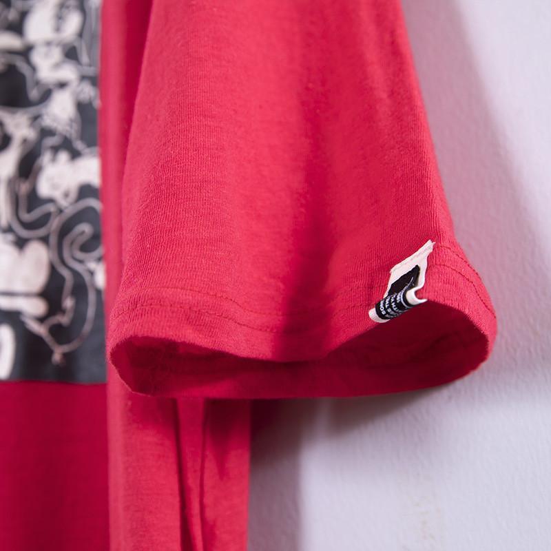Round Neck Printing Casual Loose Red Dress - Omychic