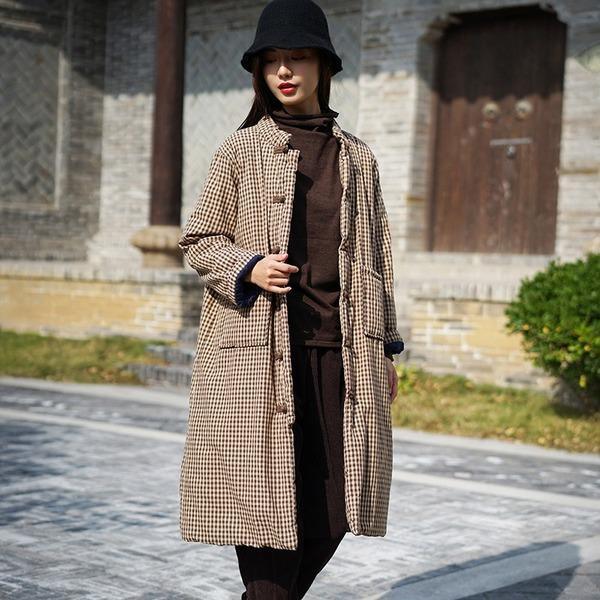 2020 Winter Stand Button Long Sleeve Chinese Style Thick Women Cloths Cotton Linen Parkas - Omychic