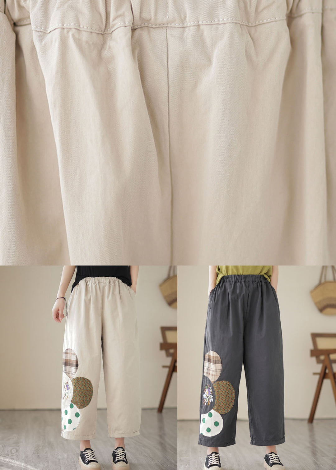 Apricot Pockets Patchwork Cotton Straight Crop Pants Embroidered Summer