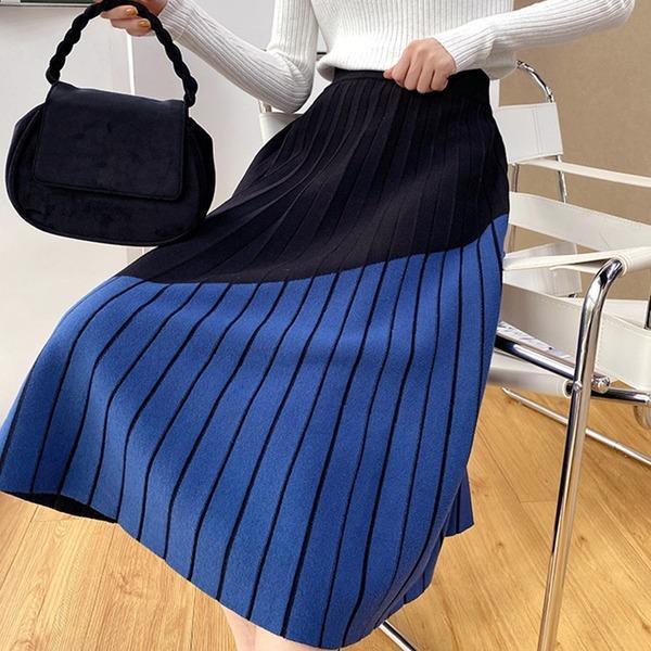 Patchwork Casual Pleated Skirt New Empire Waist A Line Korean Style Elegant Loose - Omychic