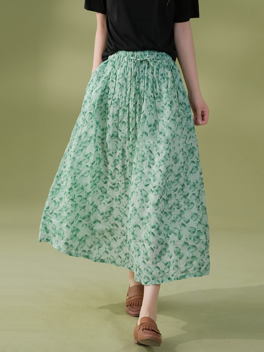 Women Summer Artsy Flower Drawstring Pocket Ramie Skirt