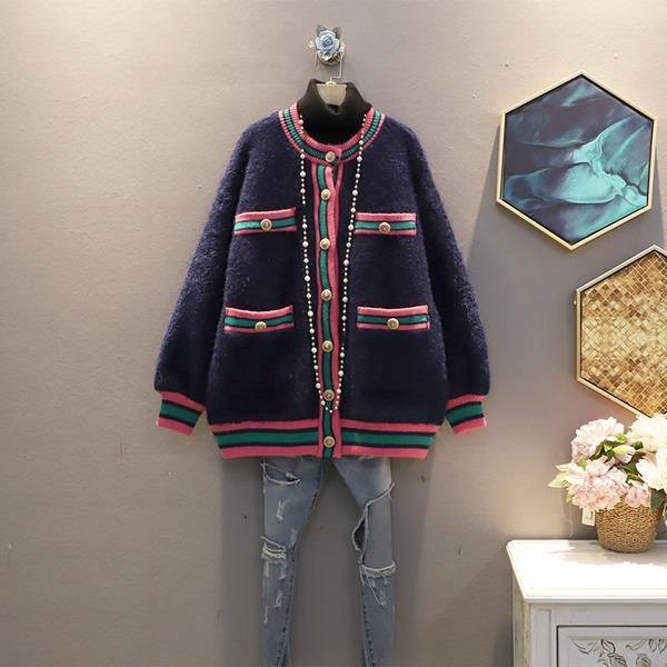 Fashion New Contrast Color Single Breasted Women Kintting Open Stitch Coat - Omychic