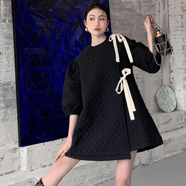 Patchwork Bow Solid Dress Women 2020 Temperament All Match Puff Sleeve Women Clothes - Omychic