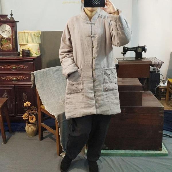 Women Vintage Linen Parkas Stand Long Sleeve Winter Coats - Omychic