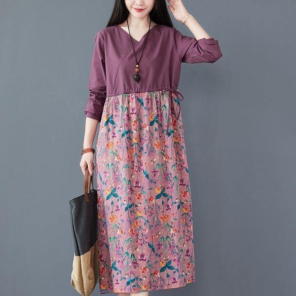 omychic cotton linen plus size vintage floral for women casual loose spring autumn dress - Omychic