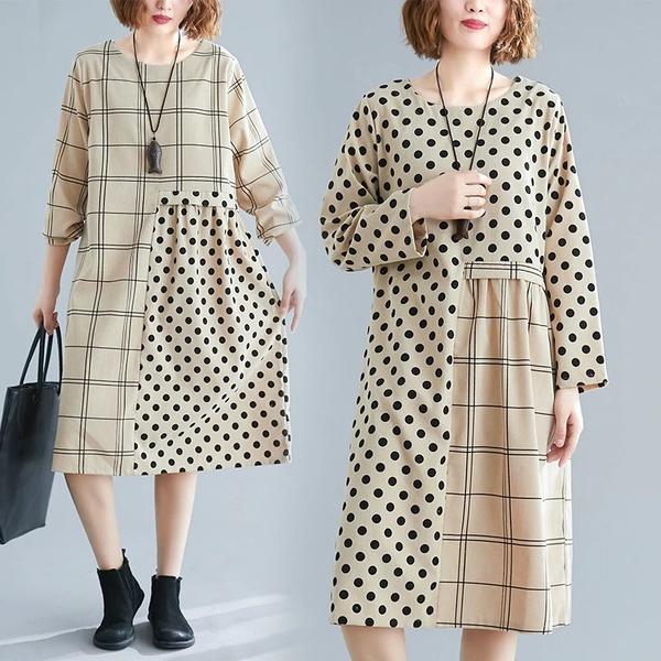 long sleeve cotton plus size vintage Polka Dot plaid women casual loose midi autumn dress - Omychic