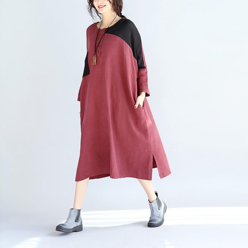 Casual Linen Women Split Spliced Red Dress - Omychic