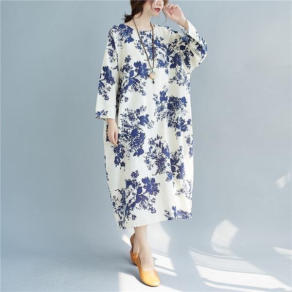 New Arrival 2020 Autumn Arts Style Vintage Print Loose Female Long Dresses - Omychic