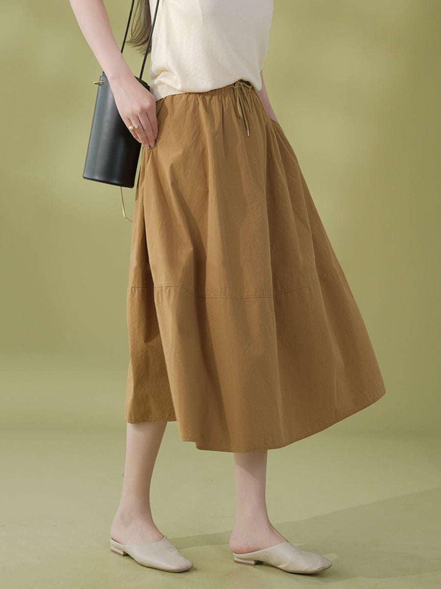 Solid Color Loose Pocket Drawstring Cotton Skirt