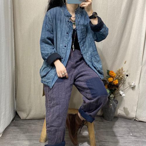 Omychic Winter Stripe Retro Jackets Thin Parkas Ladies Loose Coat Female 2020 Padded Denim Coat Outerwear - Omychic