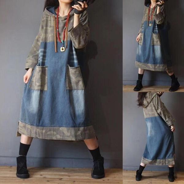 Vintage Spliced Hooded Dresses Female 2020 Spring Irregular Length Dress - Omychic