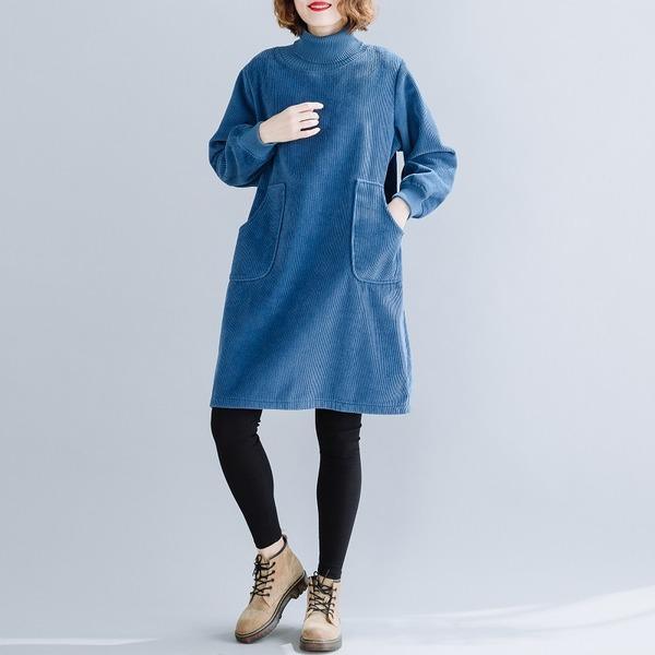 long sleeve plus size corduroy vintage women casual loose mini short autumn winter elegant dress clothes - Omychic