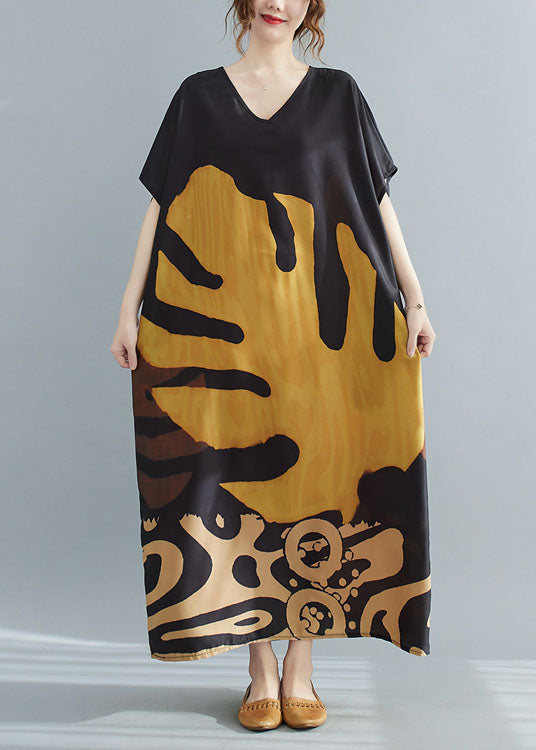 Loose Black V Neck Oversized Leaf Print Chiffon Long Dress