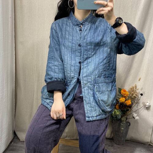 Omychic Winter Stripe Retro Jackets Thin Parkas Ladies Loose Coat Female 2020 Padded Denim Coat Outerwear - Omychic